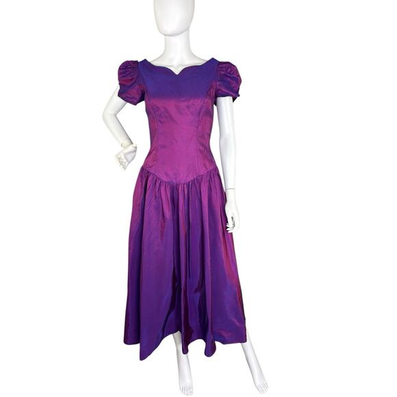 Vintage 80s Alfred Angelo Midi Dress Puff Slv Iridescent Purple Taffeta Prom S - Picture 1 of 12